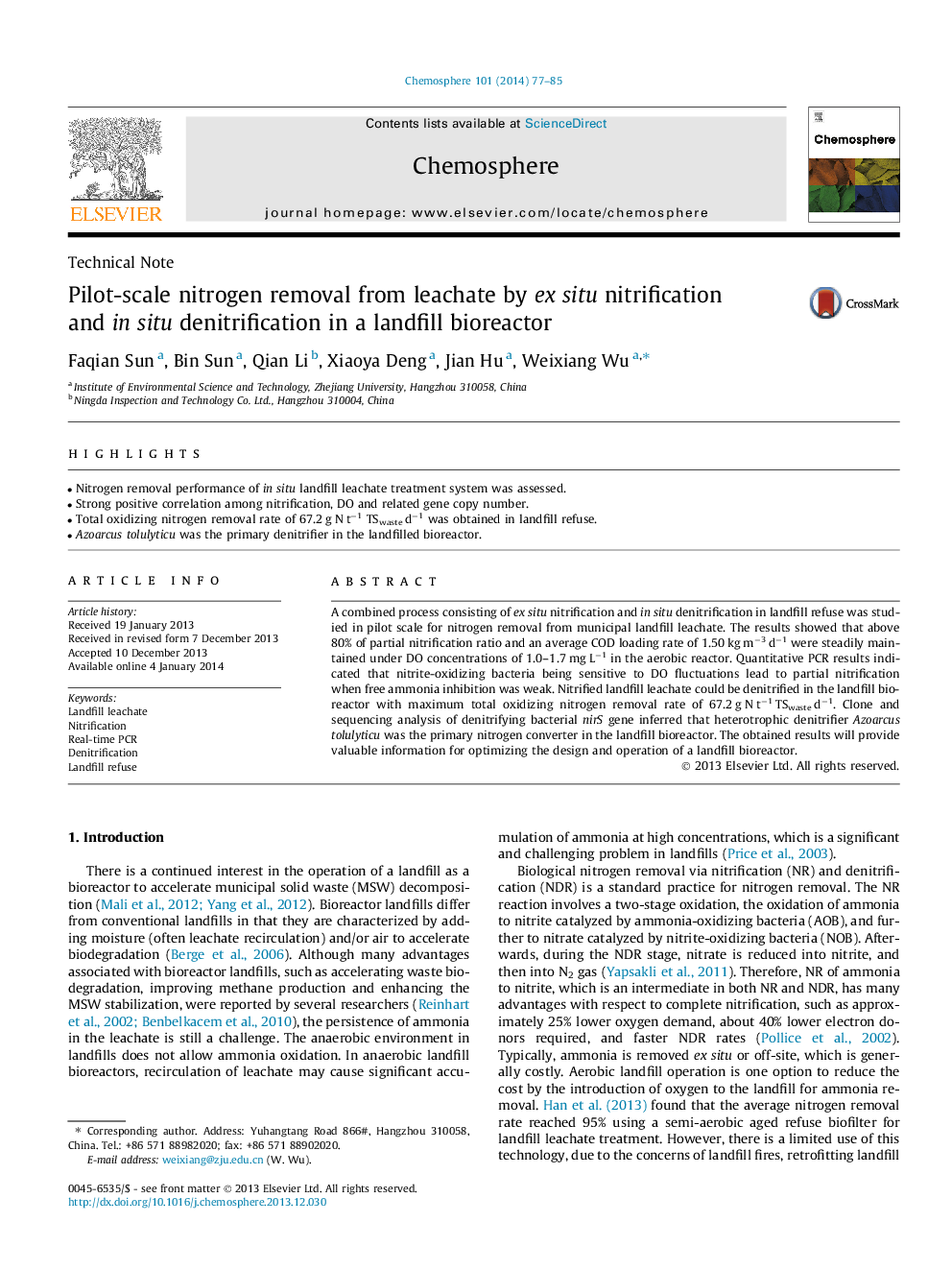 Pilot-scale nitrogen removal from leachate by ex situ nitrification and in situ denitrification in a landfill bioreactor