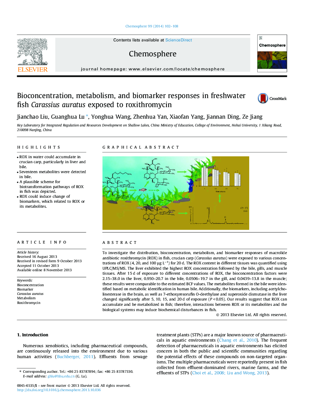 Bioconcentration, metabolism, and biomarker responses in freshwater fish Carassius auratus exposed to roxithromycin