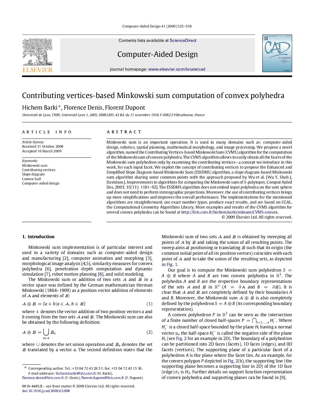 Contributing vertices-based Minkowski sum computation of convex polyhedra