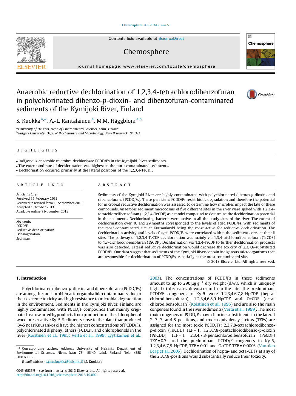 Anaerobic reductive dechlorination of 1,2,3,4-tetrachlorodibenzofuran in polychlorinated dibenzo-p-dioxin- and dibenzofuran-contaminated sediments of the Kymijoki River, Finland