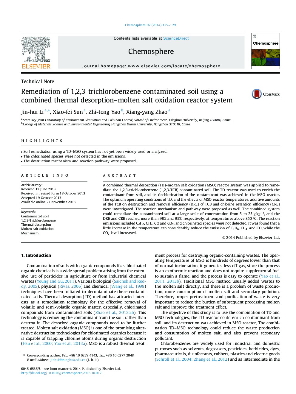 Remediation of 1,2,3-trichlorobenzene contaminated soil using a combined thermal desorption–molten salt oxidation reactor system