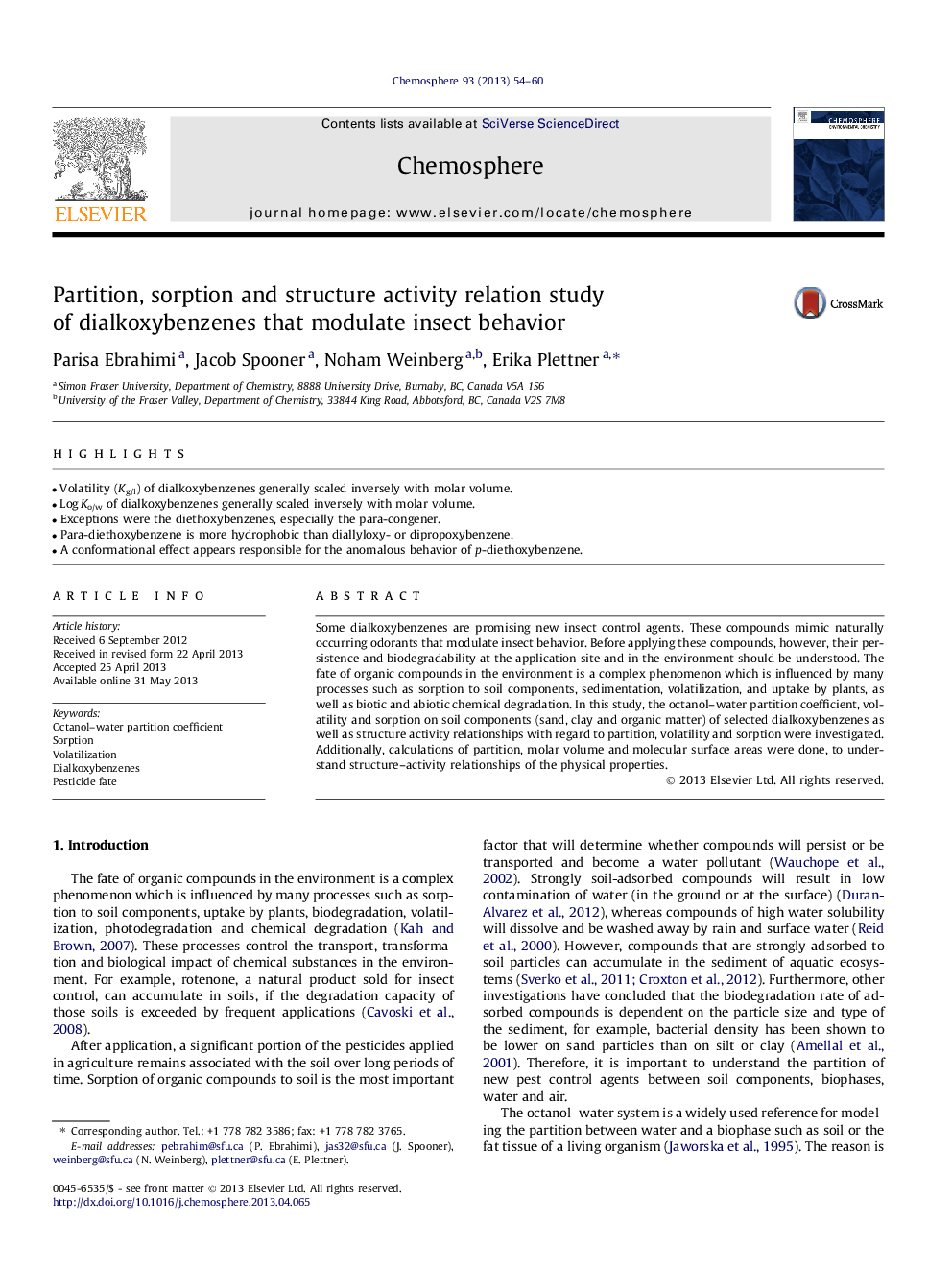 Partition, sorption and structure activity relation study of dialkoxybenzenes that modulate insect behavior