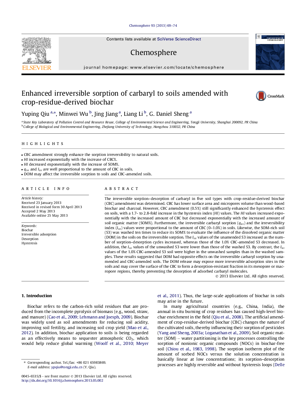 Enhanced irreversible sorption of carbaryl to soils amended with crop-residue-derived biochar