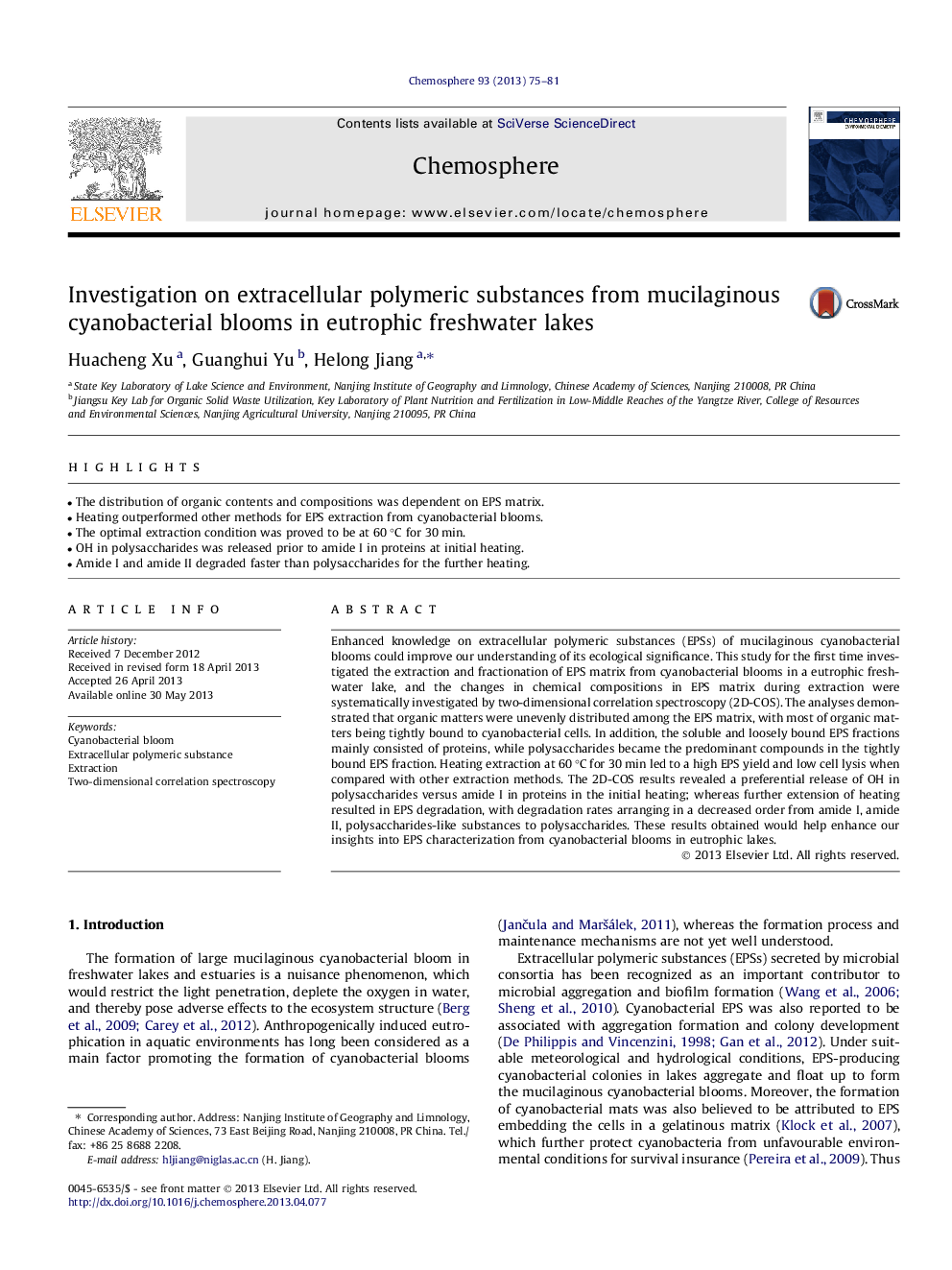 Investigation on extracellular polymeric substances from mucilaginous cyanobacterial blooms in eutrophic freshwater lakes