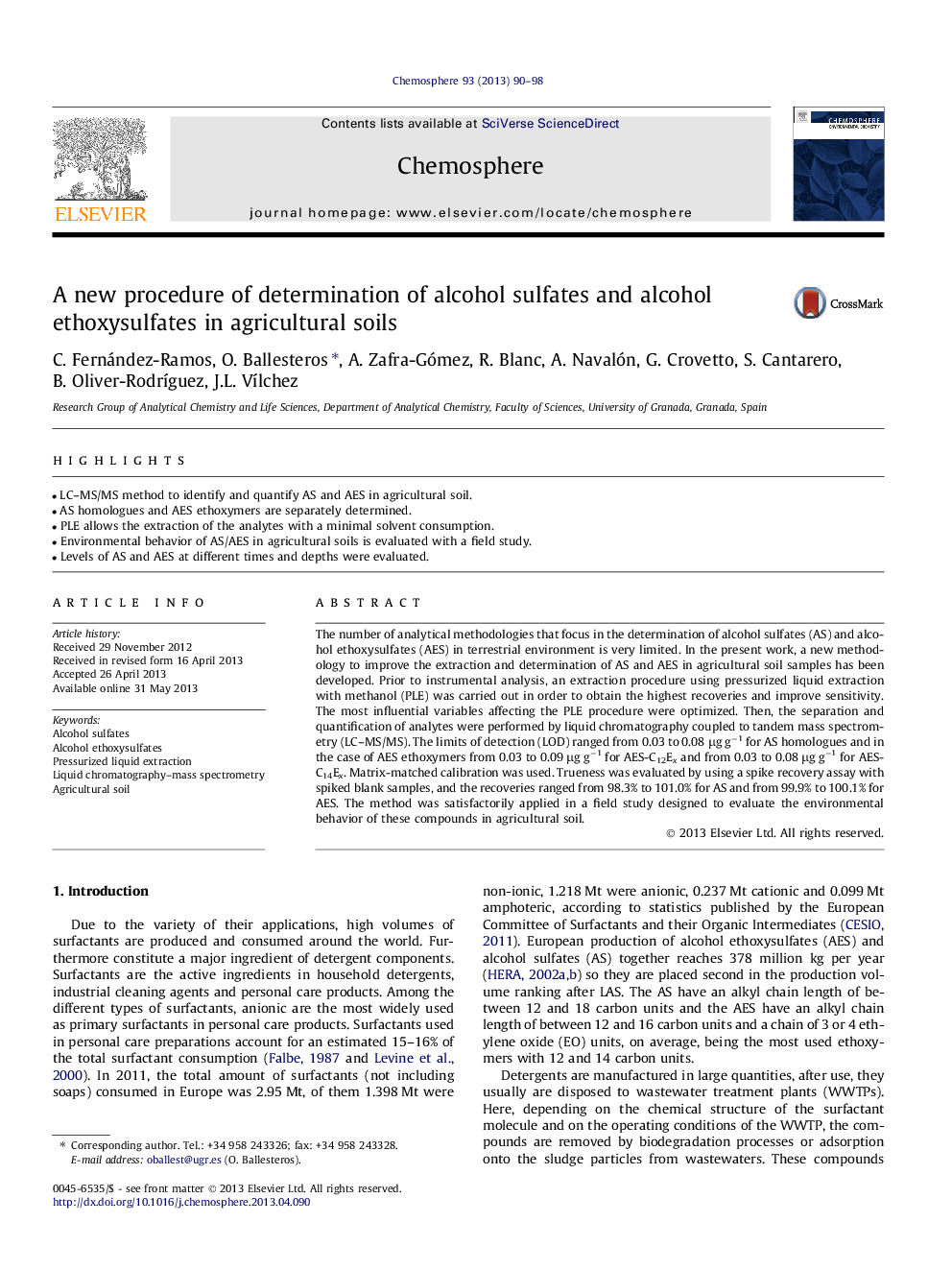 A new procedure of determination of alcohol sulfates and alcohol ethoxysulfates in agricultural soils