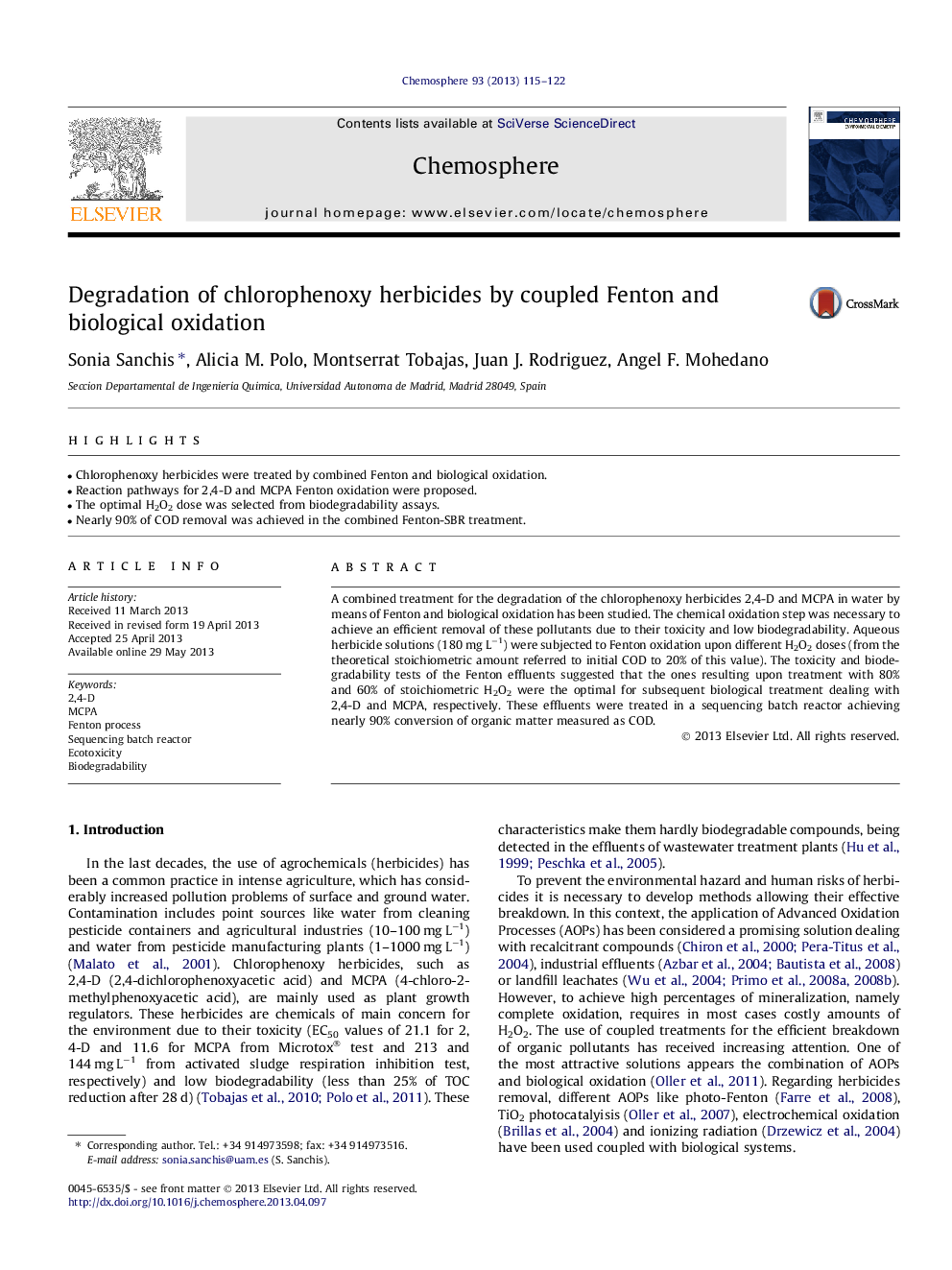 Degradation of chlorophenoxy herbicides by coupled Fenton and biological oxidation