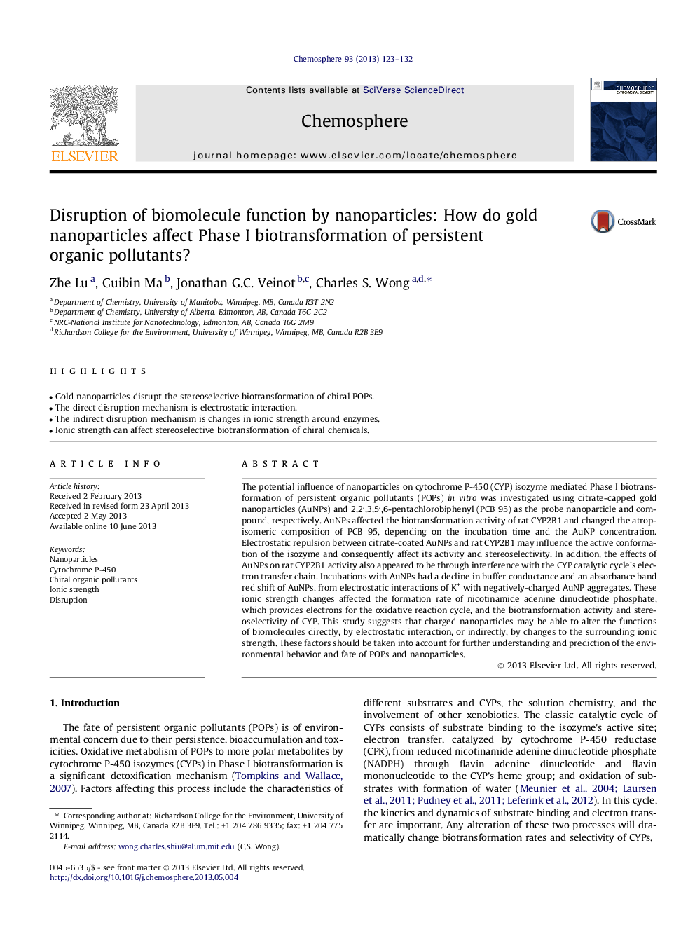 Disruption of biomolecule function by nanoparticles: How do gold nanoparticles affect Phase I biotransformation of persistent organic pollutants?