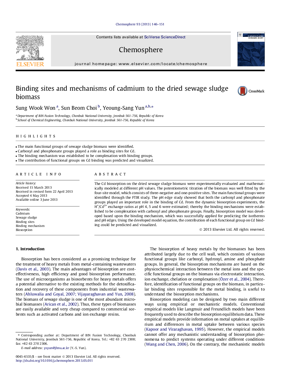 Binding sites and mechanisms of cadmium to the dried sewage sludge biomass