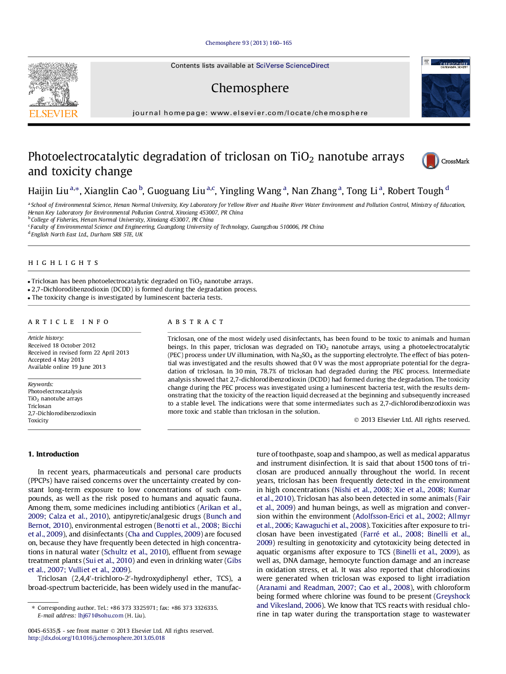 Photoelectrocatalytic degradation of triclosan on TiO2 nanotube arrays and toxicity change