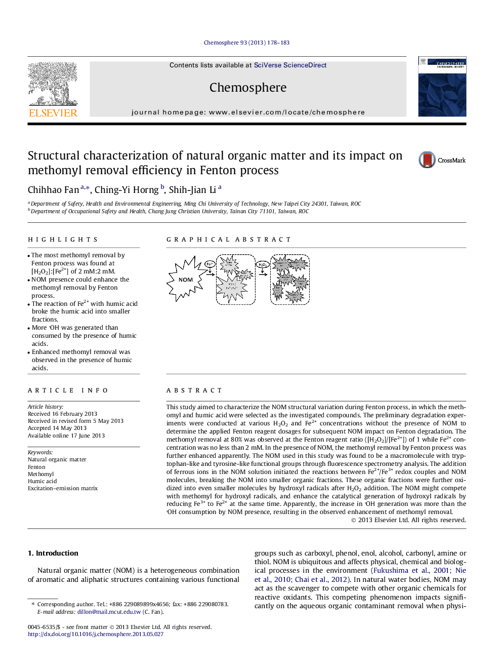 Structural characterization of natural organic matter and its impact on methomyl removal efficiency in Fenton process