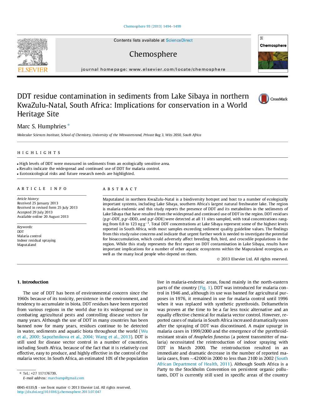 DDT residue contamination in sediments from Lake Sibaya in northern KwaZulu-Natal, South Africa: Implications for conservation in a World Heritage Site