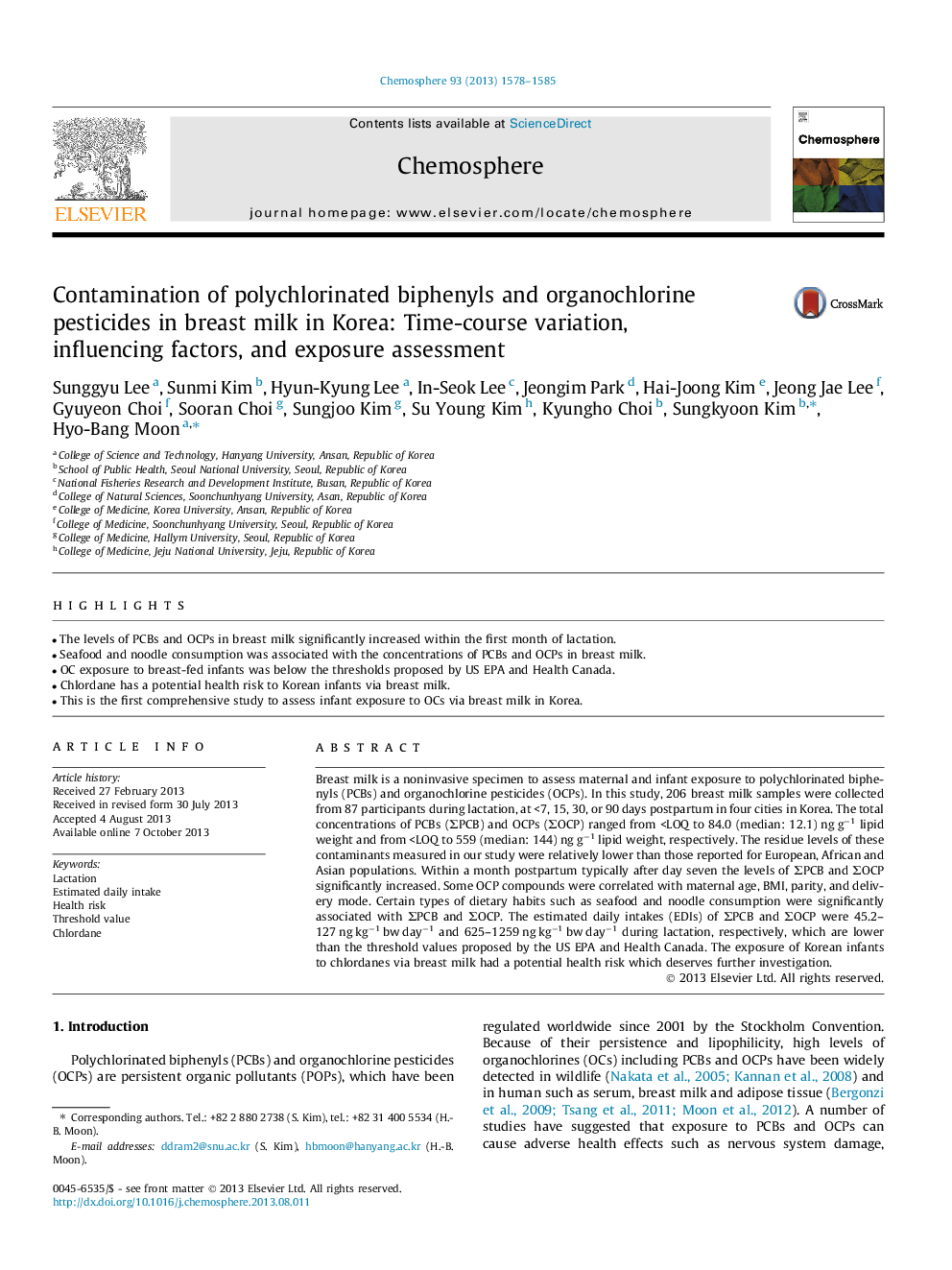 Contamination of polychlorinated biphenyls and organochlorine pesticides in breast milk in Korea: Time-course variation, influencing factors, and exposure assessment