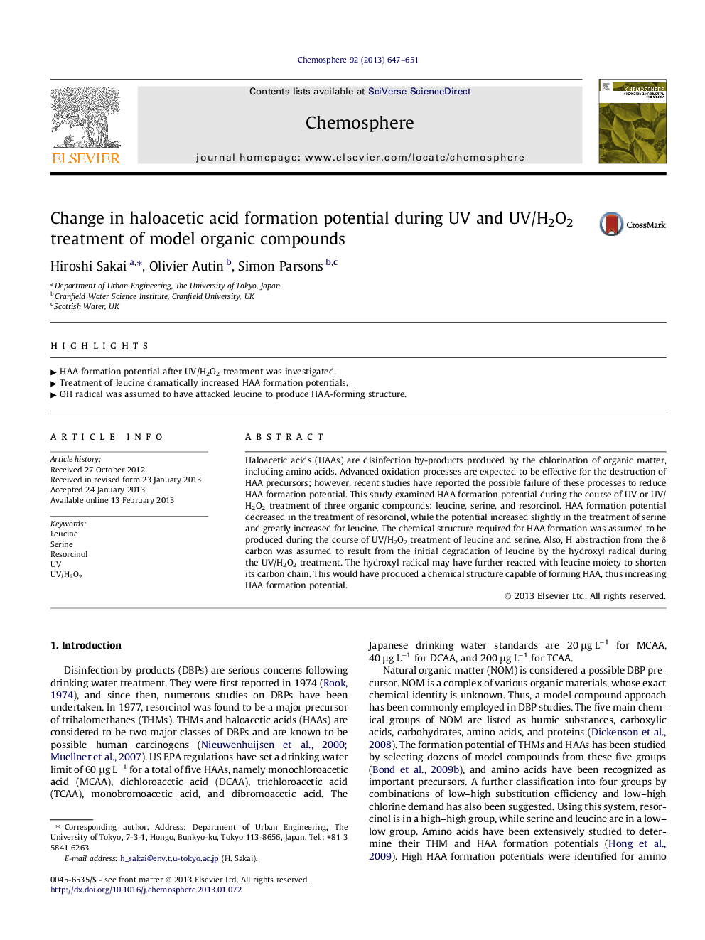 Change in haloacetic acid formation potential during UV and UV/H2O2 treatment of model organic compounds