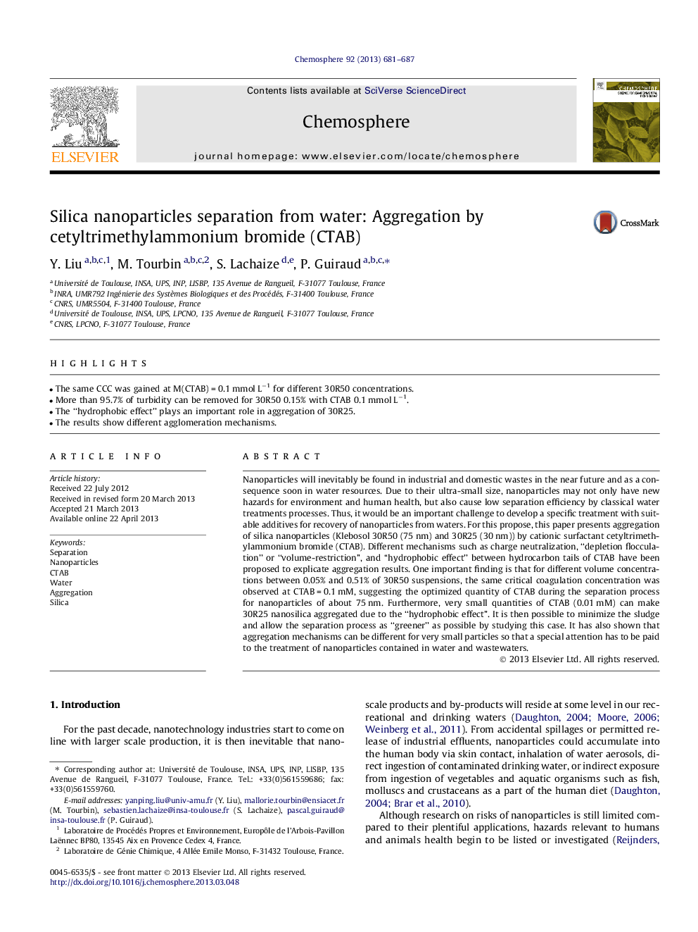 Silica nanoparticles separation from water: Aggregation by cetyltrimethylammonium bromide (CTAB)