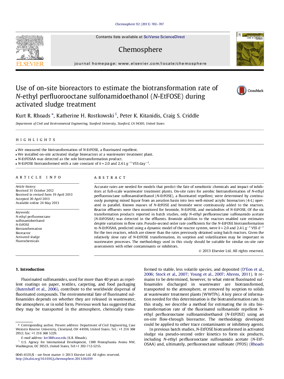 Use of on-site bioreactors to estimate the biotransformation rate of N-ethyl perfluorooctane sulfonamidoethanol (N-EtFOSE) during activated sludge treatment