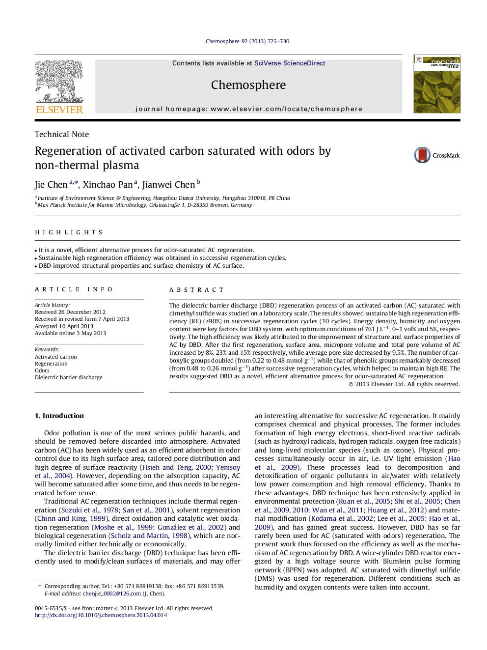 Regeneration of activated carbon saturated with odors by non-thermal plasma