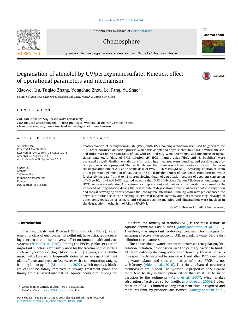 Degradation of atenolol by UV/peroxymonosulfate: Kinetics, effect of operational parameters and mechanism