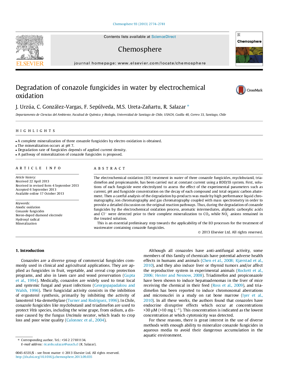 Degradation of conazole fungicides in water by electrochemical oxidation