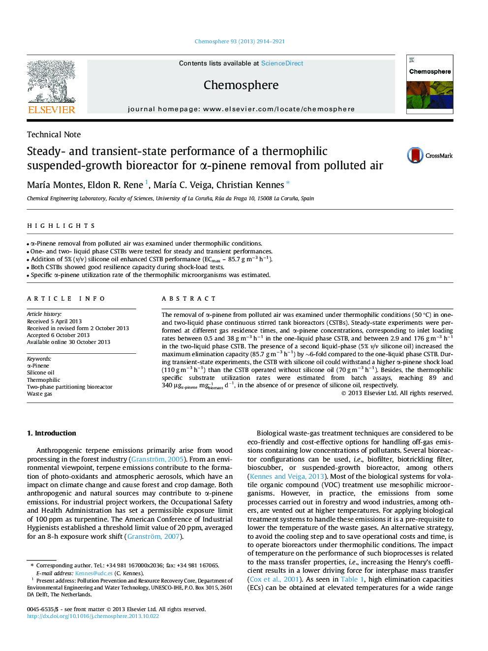 Steady- and transient-state performance of a thermophilic suspended-growth bioreactor for α-pinene removal from polluted air