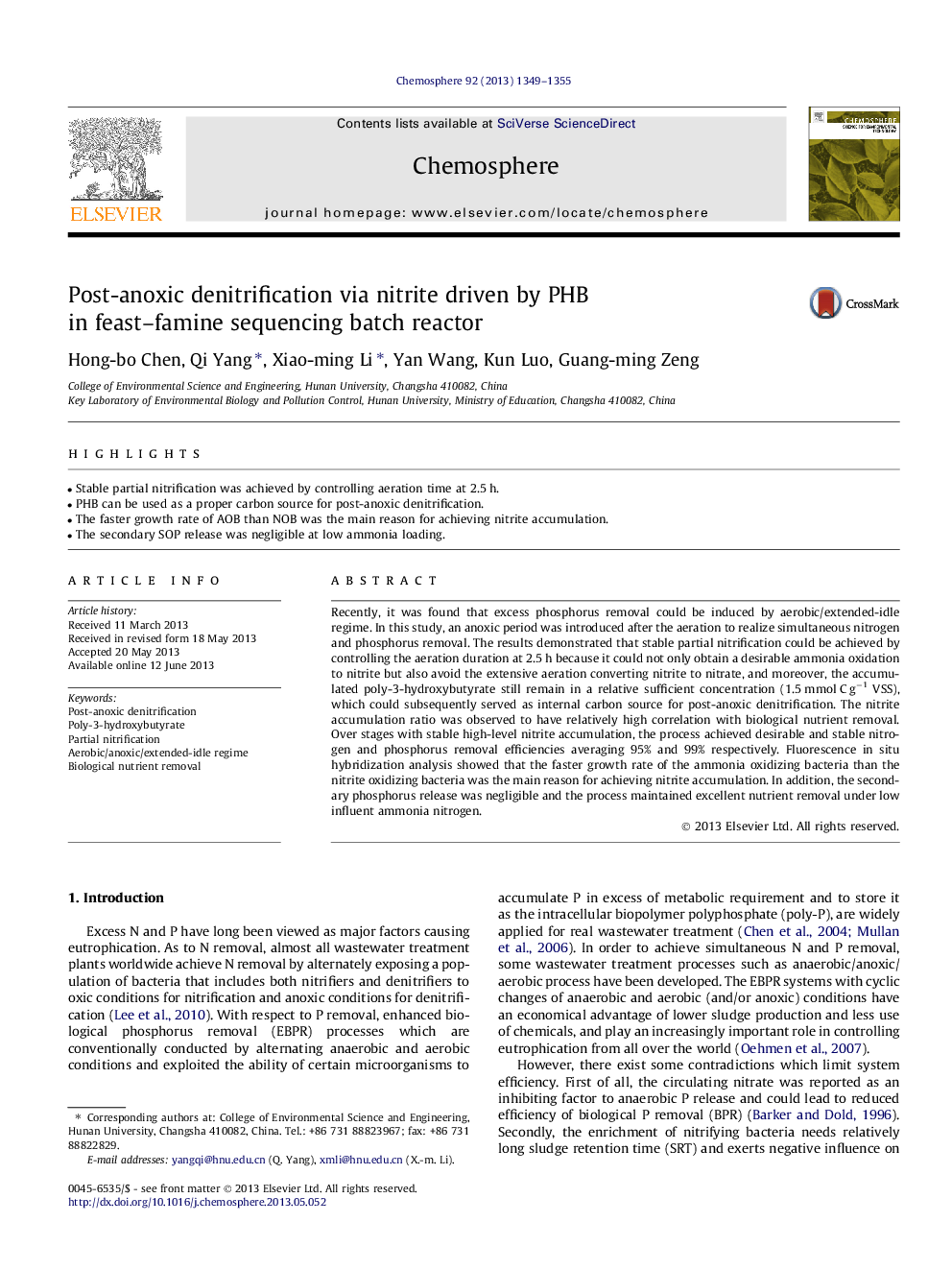 Post-anoxic denitrification via nitrite driven by PHB in feast–famine sequencing batch reactor