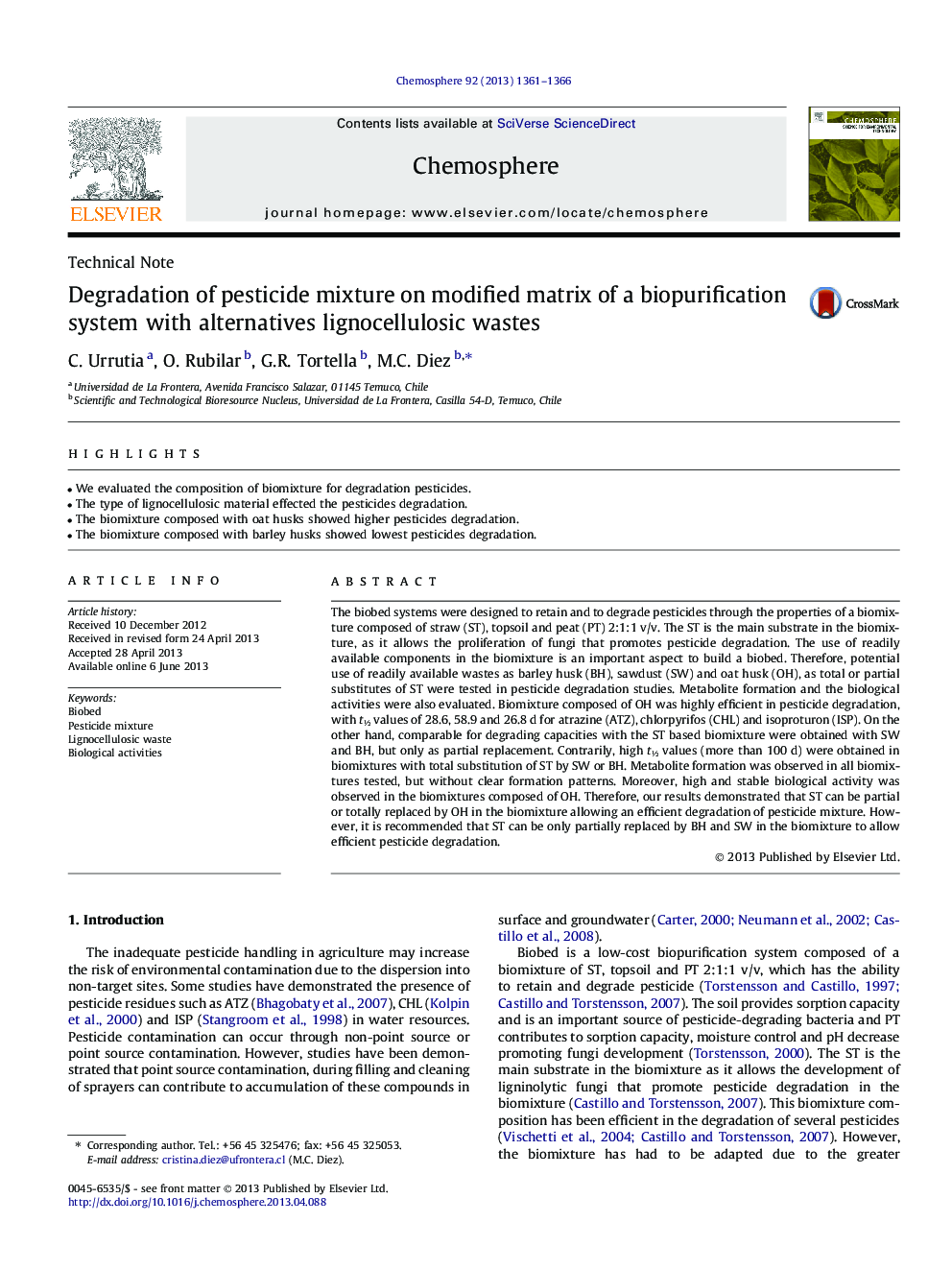 Degradation of pesticide mixture on modified matrix of a biopurification system with alternatives lignocellulosic wastes