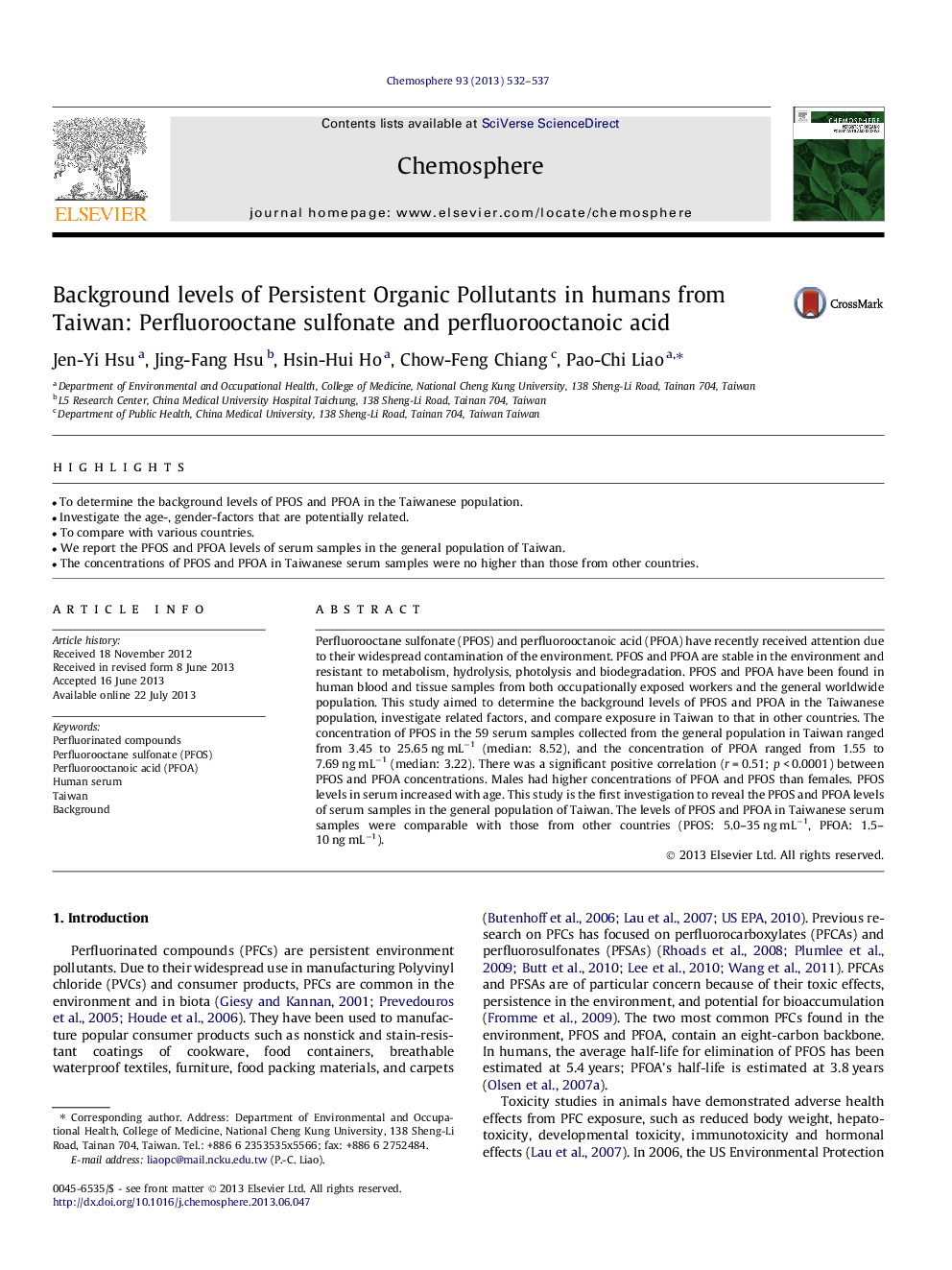 Background levels of Persistent Organic Pollutants in humans from Taiwan: Perfluorooctane sulfonate and perfluorooctanoic acid