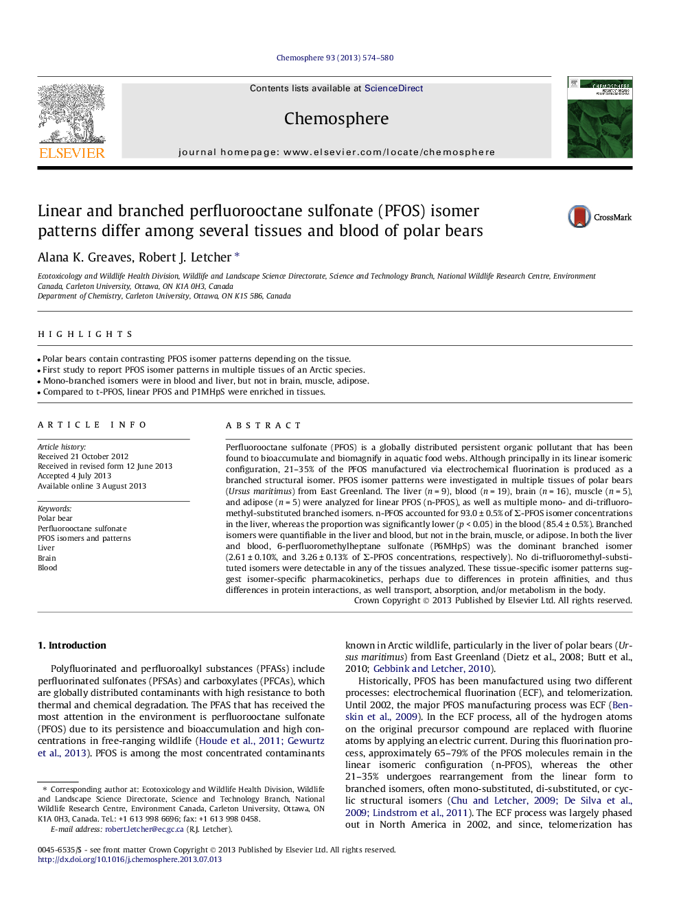 Linear and branched perfluorooctane sulfonate (PFOS) isomer patterns differ among several tissues and blood of polar bears