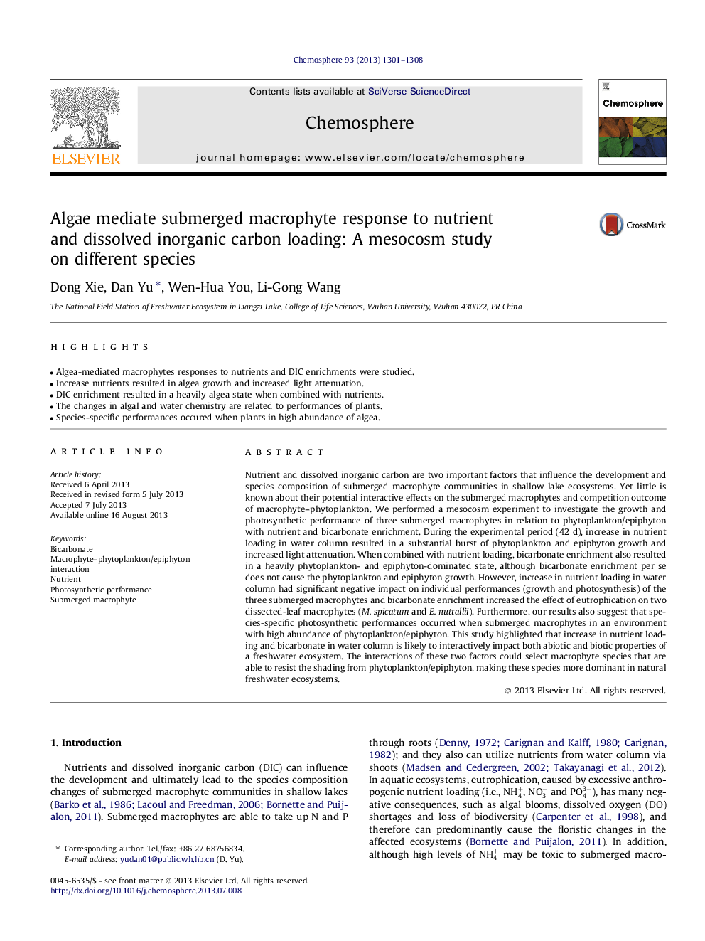 Algae mediate submerged macrophyte response to nutrient and dissolved inorganic carbon loading: A mesocosm study on different species