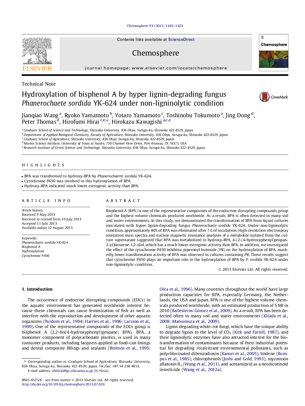 Hydroxylation of bisphenol A by hyper lignin-degrading fungus Phanerochaete sordida YK-624 under non-ligninolytic condition