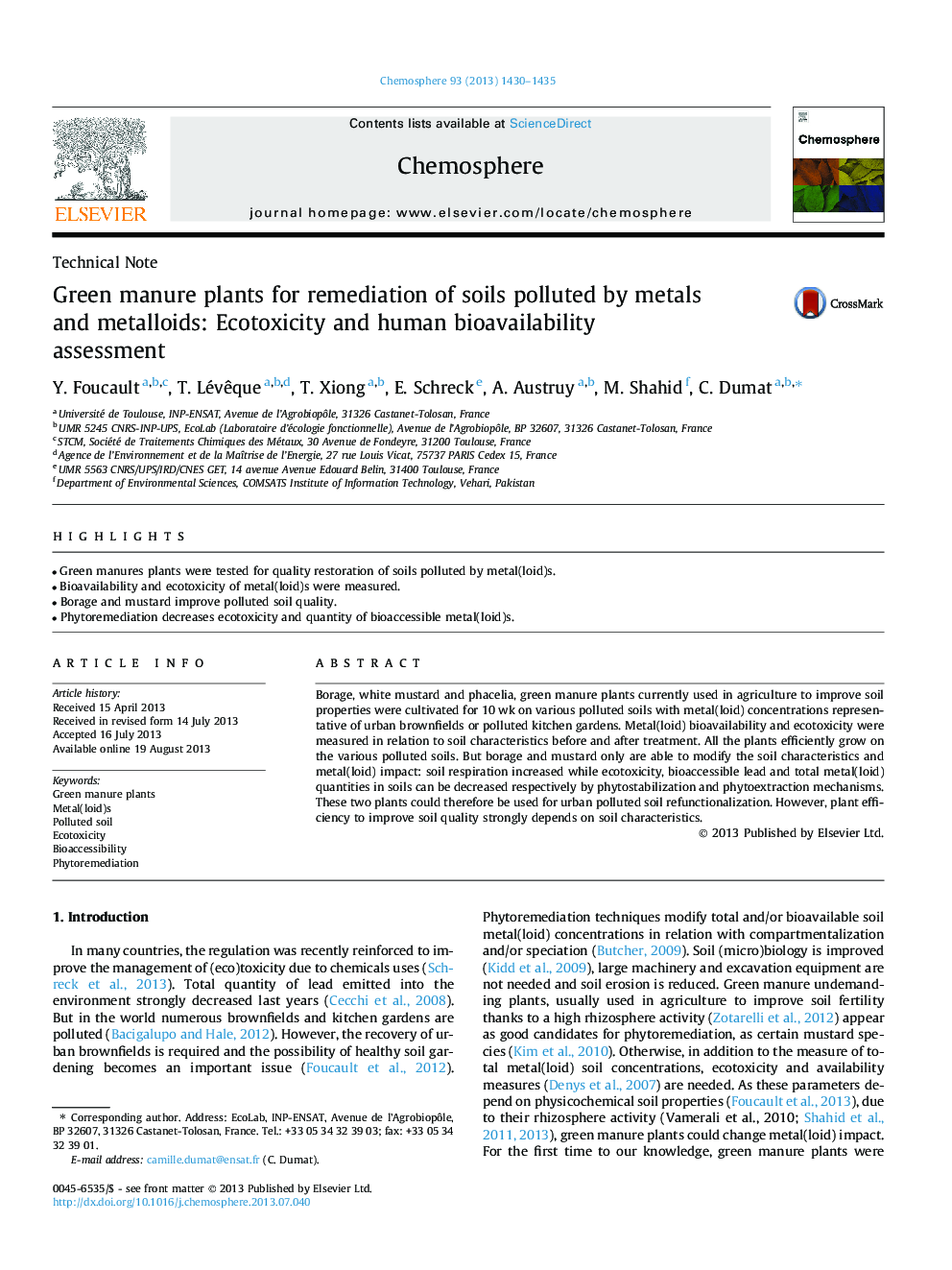 Green manure plants for remediation of soils polluted by metals and metalloids: Ecotoxicity and human bioavailability assessment