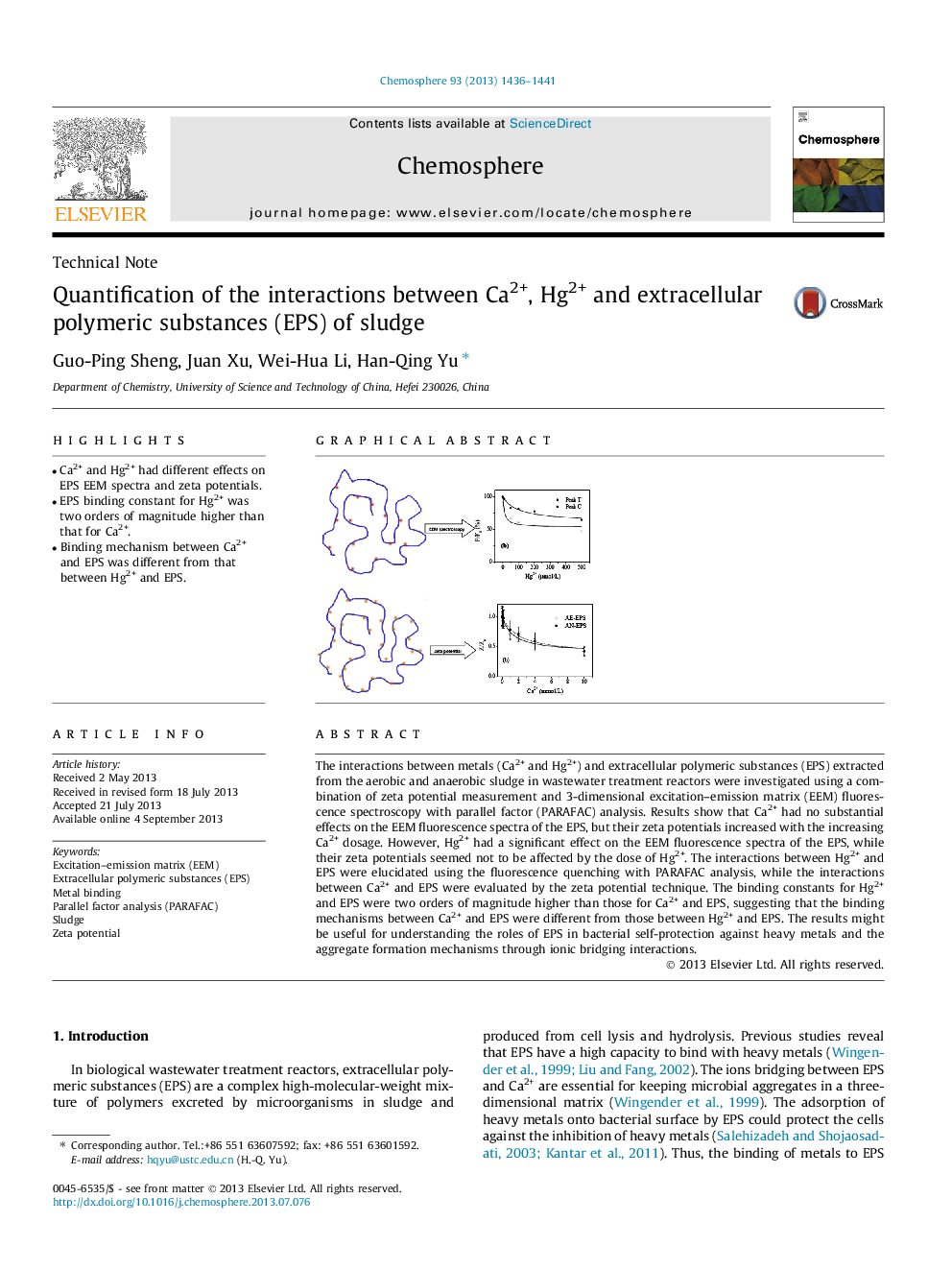 Quantification of the interactions between Ca2+, Hg2+ and extracellular polymeric substances (EPS) of sludge