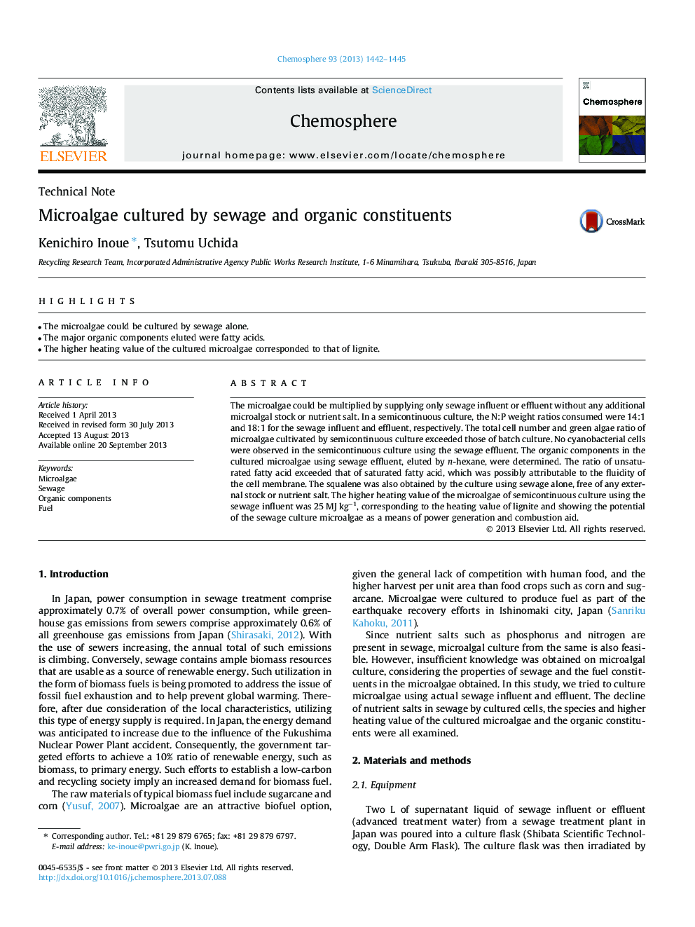 Microalgae cultured by sewage and organic constituents