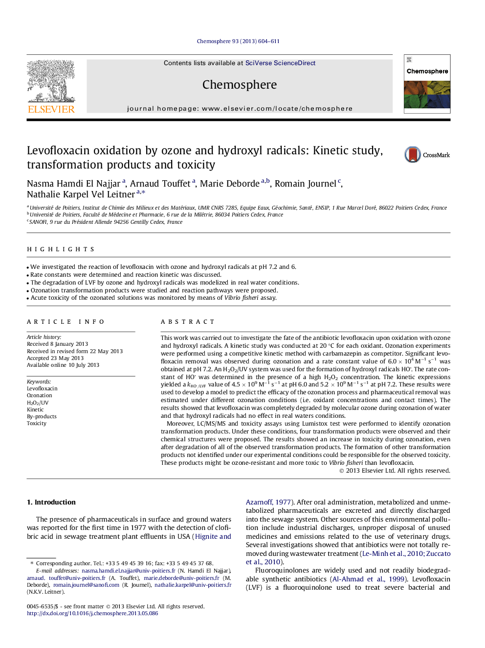 Levofloxacin oxidation by ozone and hydroxyl radicals: Kinetic study, transformation products and toxicity