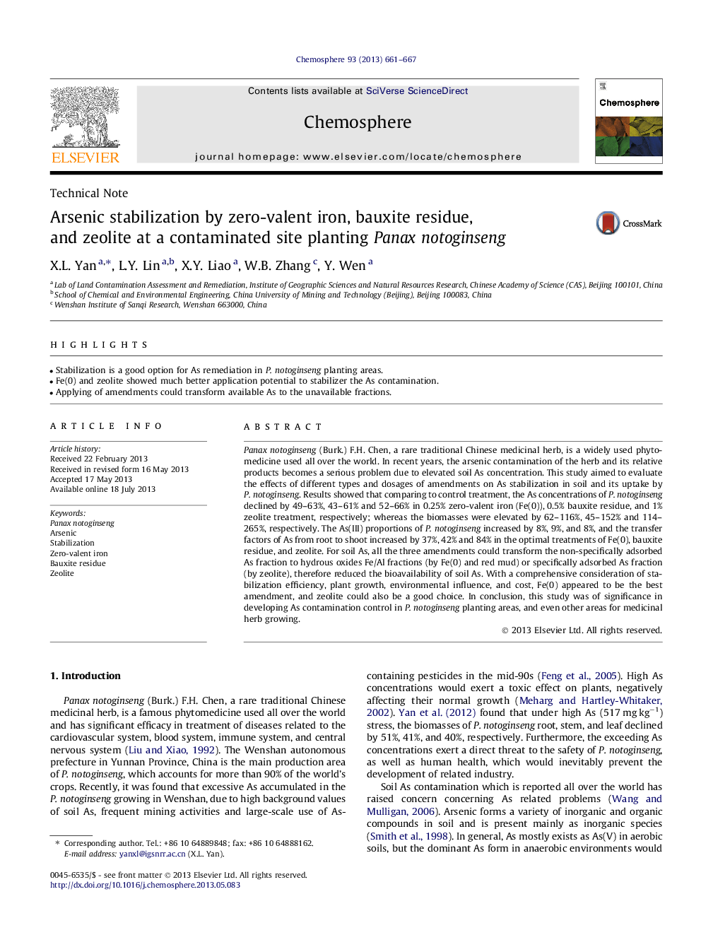 Arsenic stabilization by zero-valent iron, bauxite residue, and zeolite at a contaminated site planting Panax notoginseng