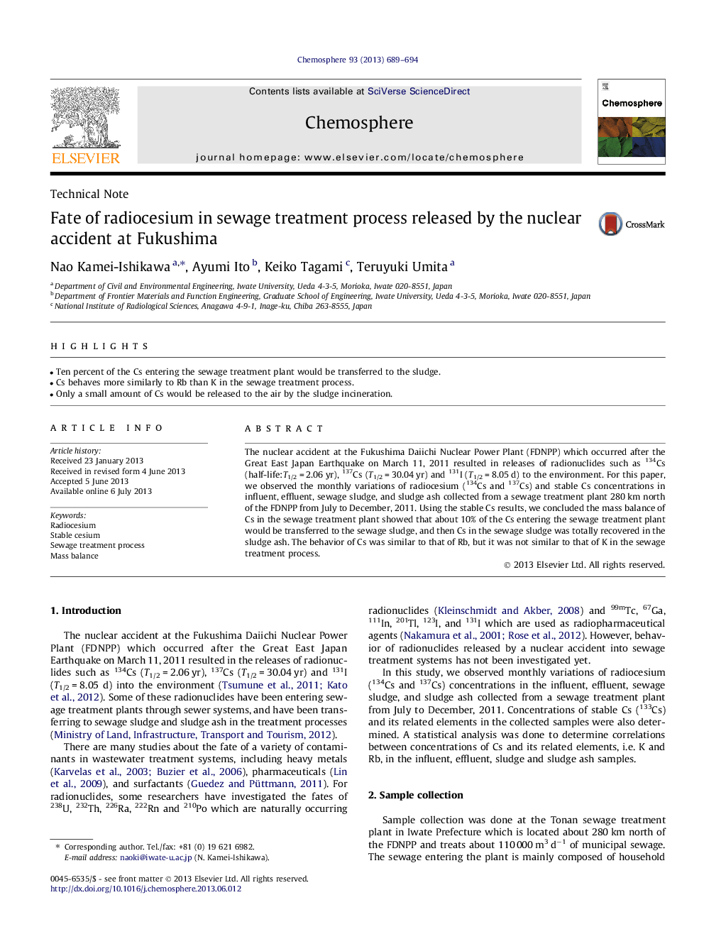 Fate of radiocesium in sewage treatment process released by the nuclear accident at Fukushima