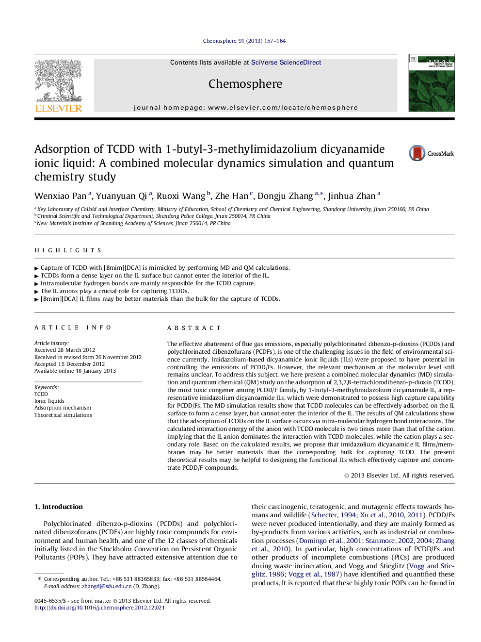 Adsorption of TCDD with 1-butyl-3-methylimidazolium dicyanamide ionic liquid: A combined molecular dynamics simulation and quantum chemistry study