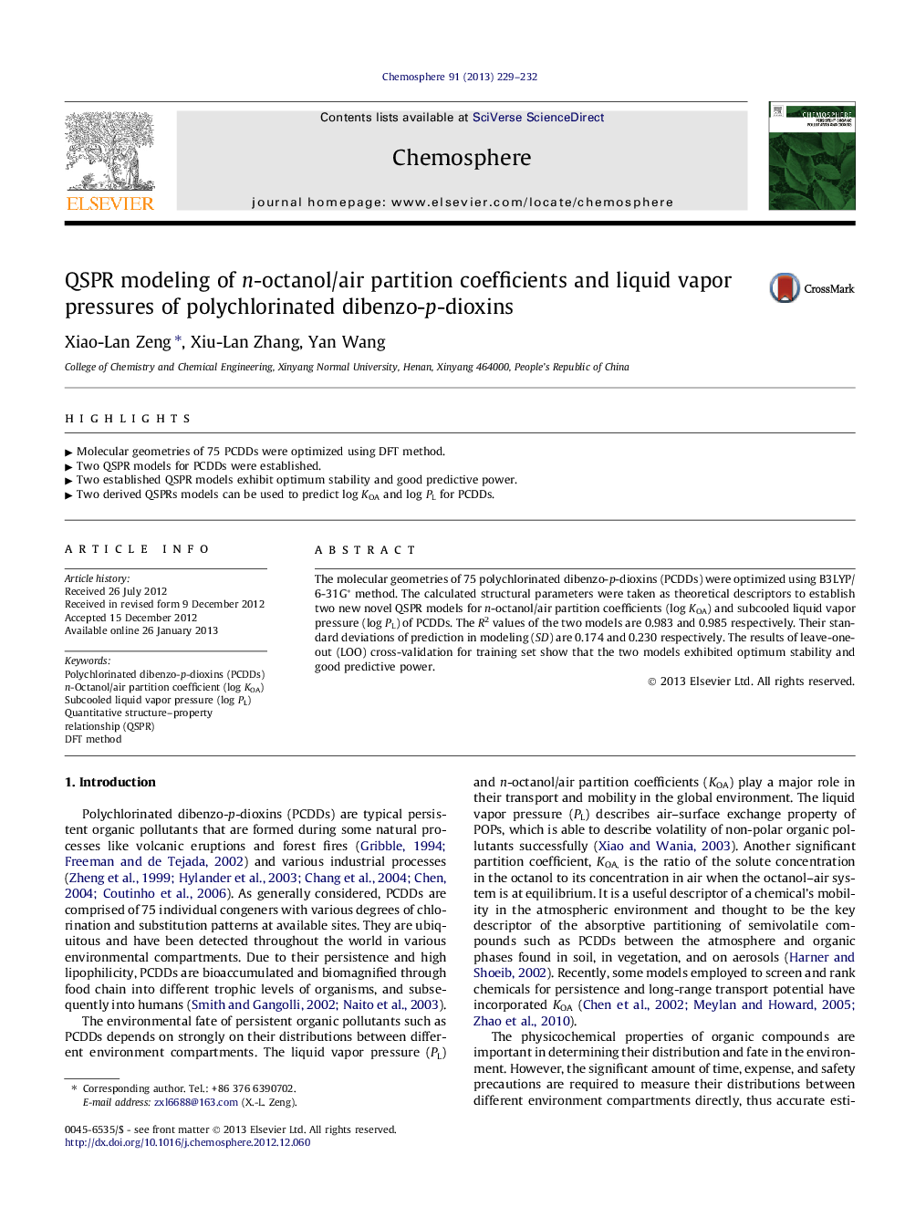 QSPR modeling of n-octanol/air partition coefficients and liquid vapor pressures of polychlorinated dibenzo-p-dioxins