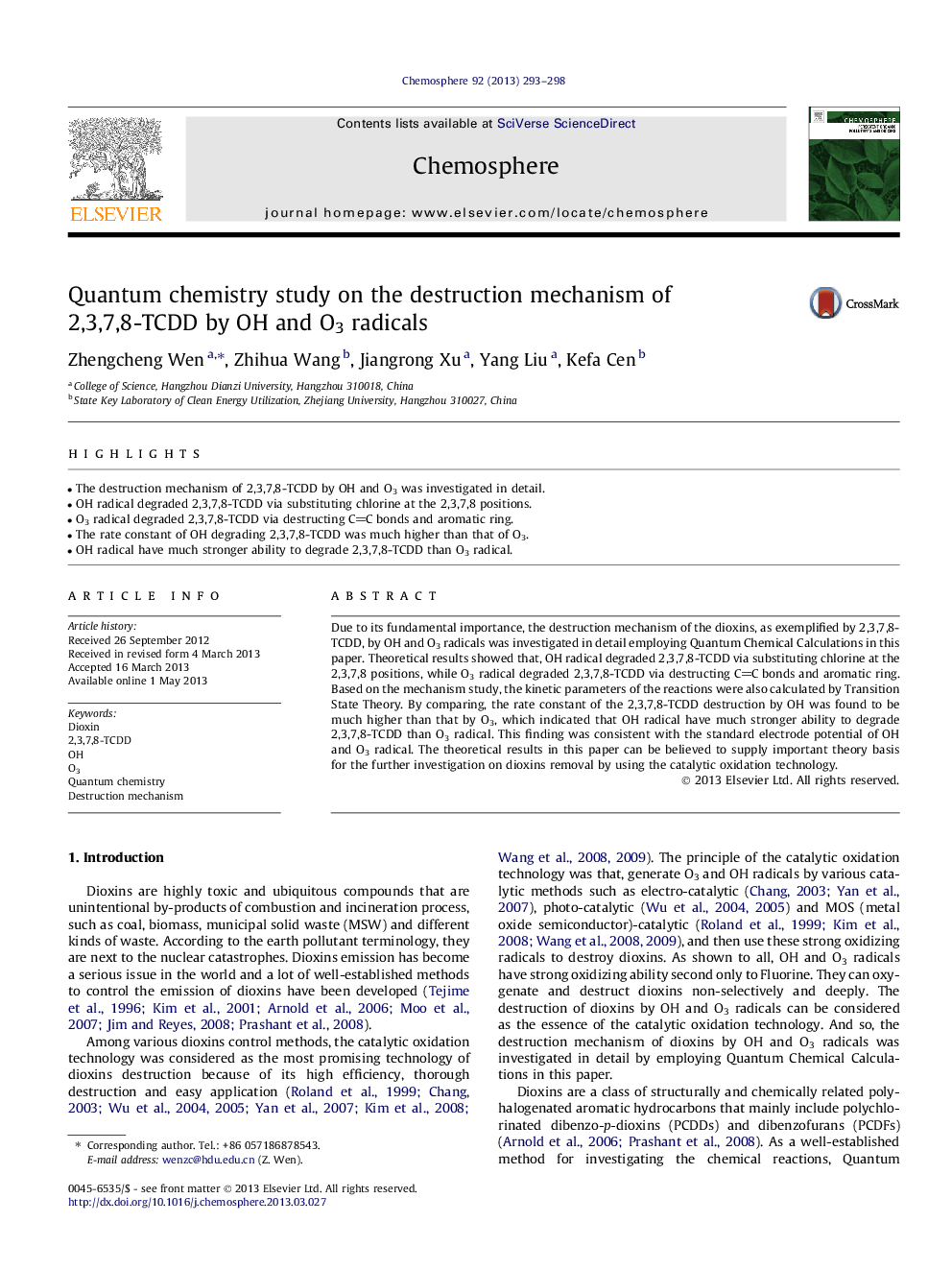 Quantum chemistry study on the destruction mechanism of 2,3,7,8-TCDD by OH and O3 radicals