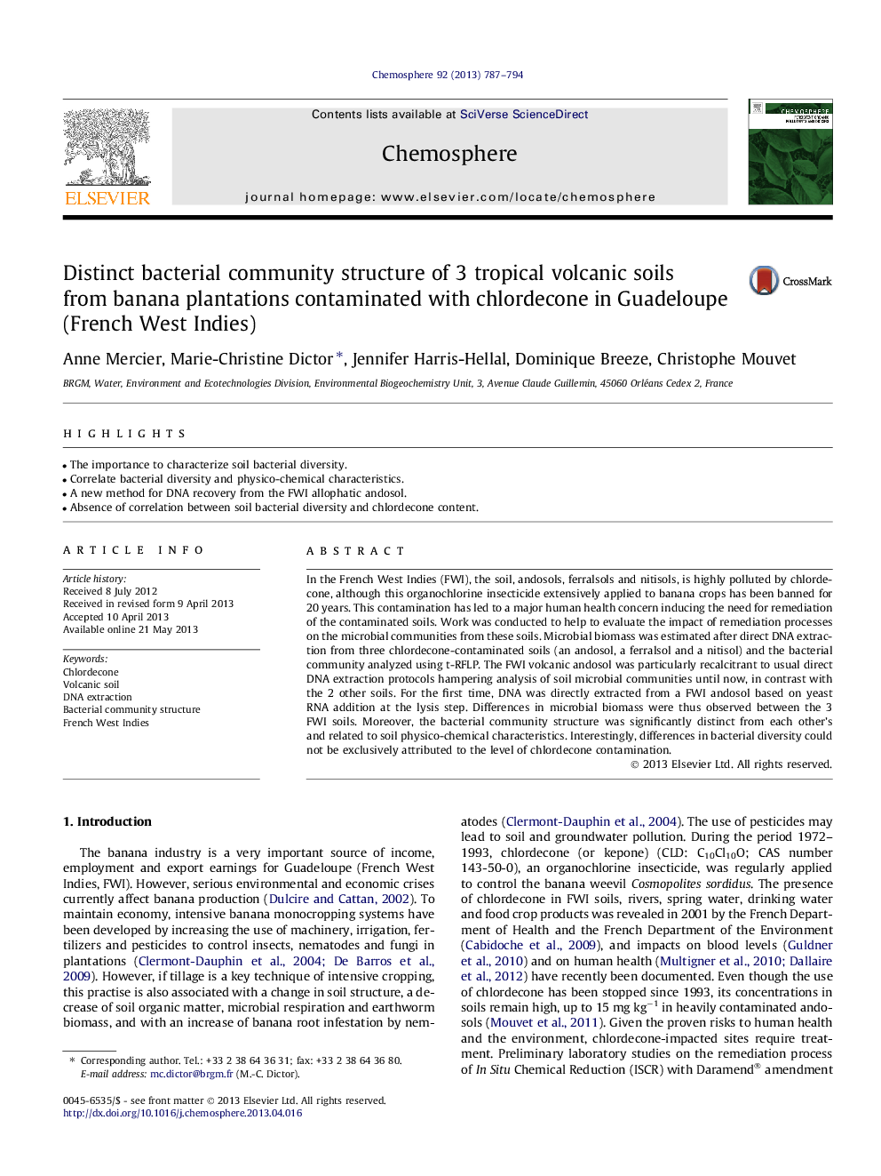 Distinct bacterial community structure of 3 tropical volcanic soils from banana plantations contaminated with chlordecone in Guadeloupe (French West Indies)