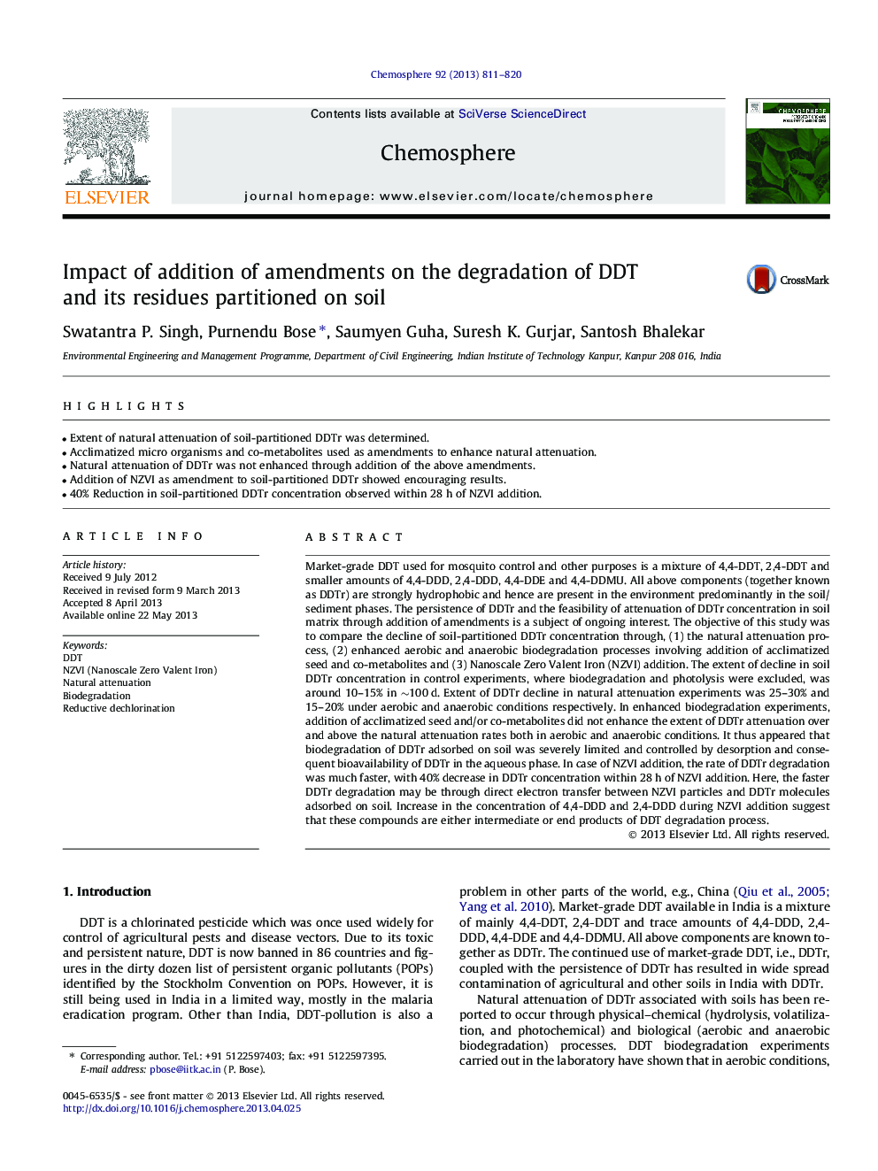 Impact of addition of amendments on the degradation of DDT and its residues partitioned on soil