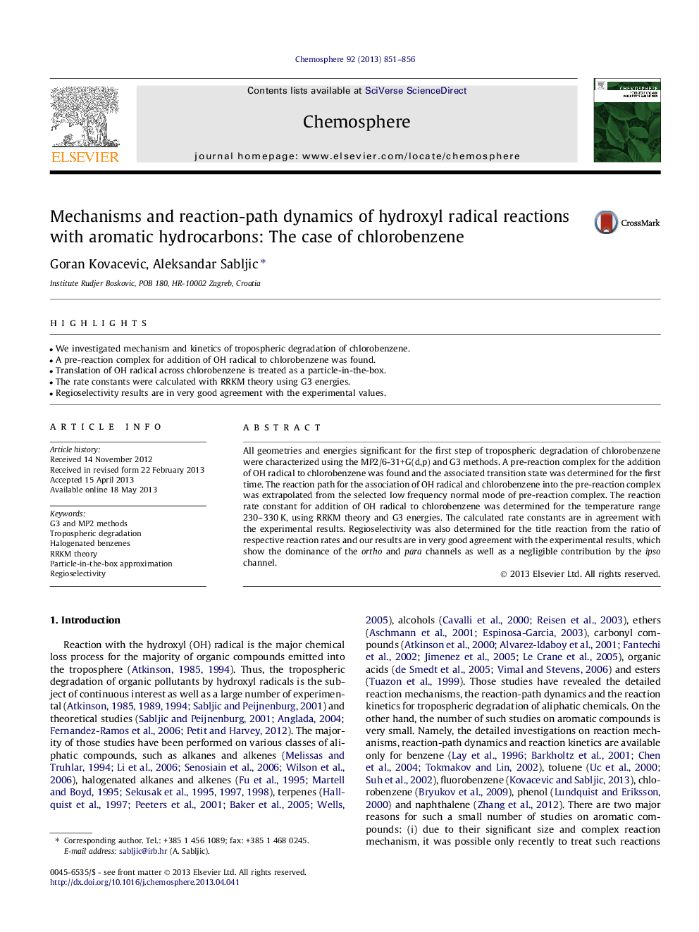 Mechanisms and reaction-path dynamics of hydroxyl radical reactions with aromatic hydrocarbons: The case of chlorobenzene