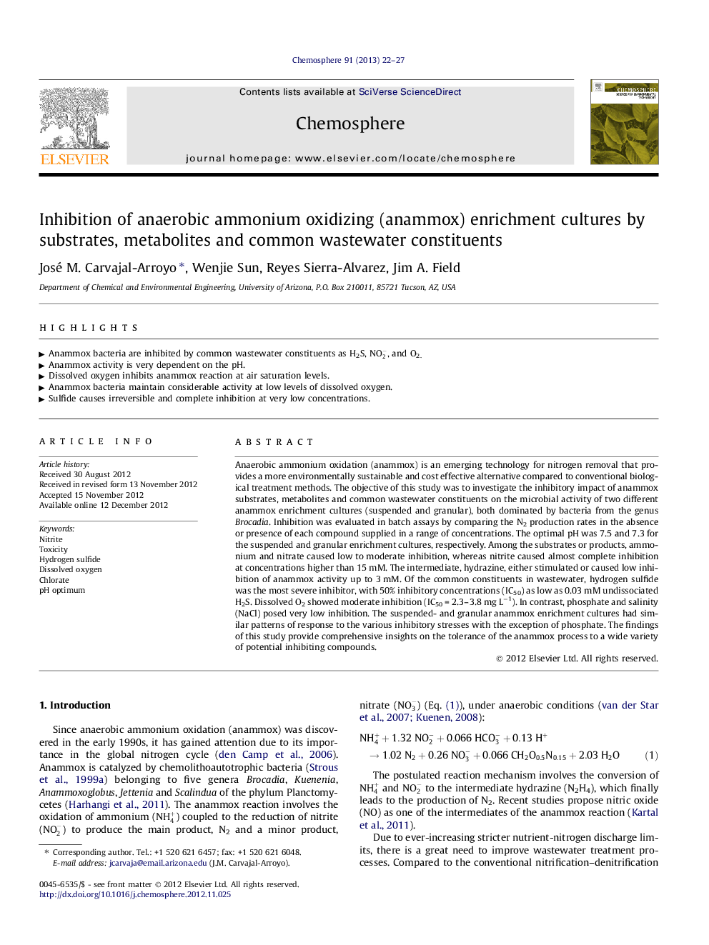 Inhibition of anaerobic ammonium oxidizing (anammox) enrichment cultures by substrates, metabolites and common wastewater constituents