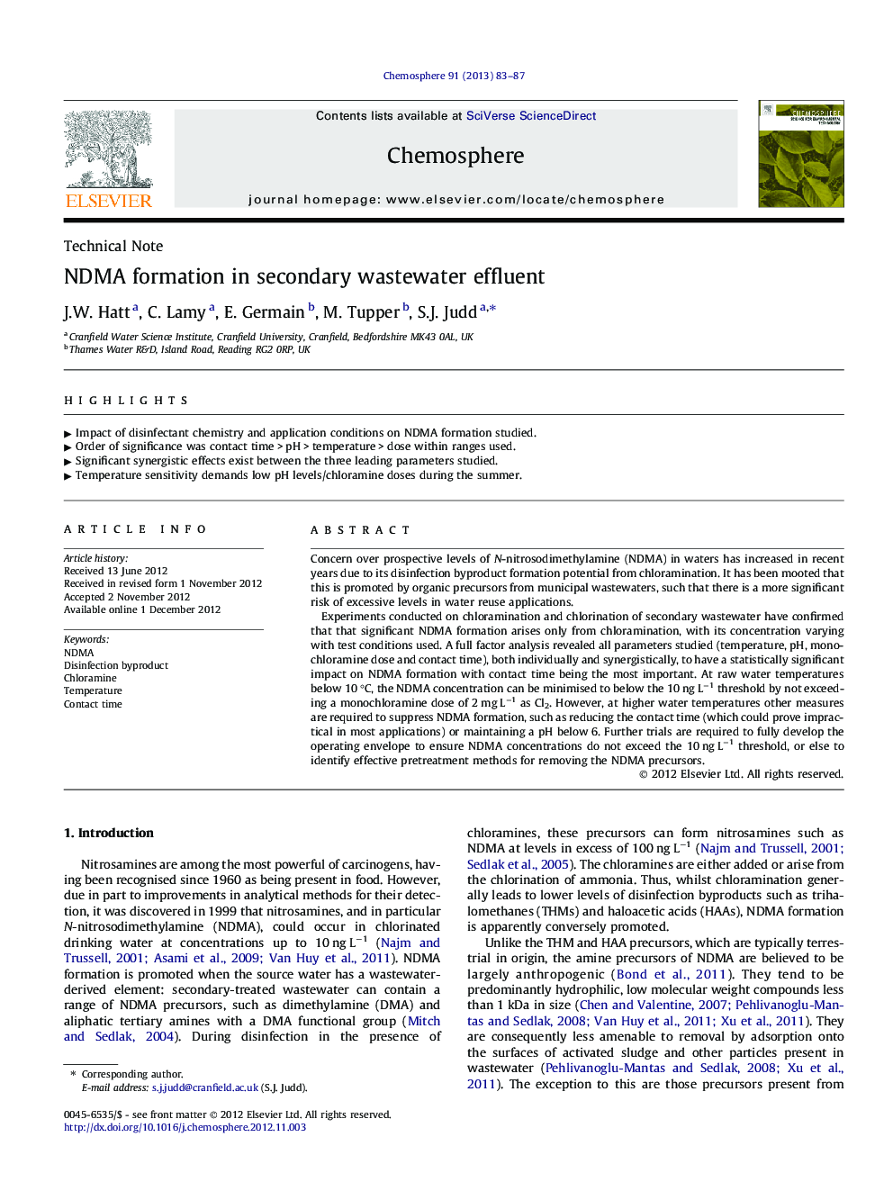 NDMA formation in secondary wastewater effluent