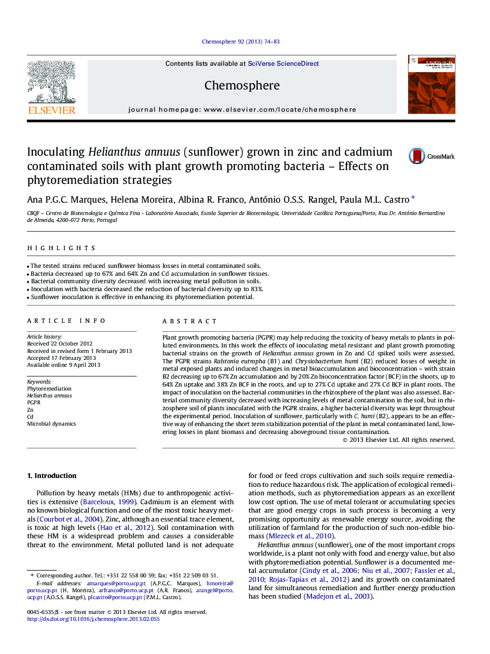 Inoculating Helianthus annuus (sunflower) grown in zinc and cadmium contaminated soils with plant growth promoting bacteria – Effects on phytoremediation strategies