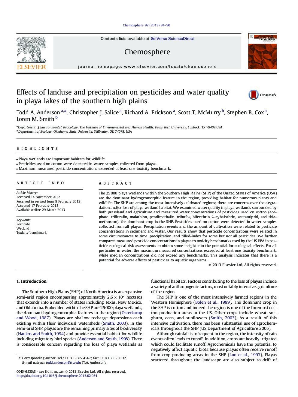 Effects of landuse and precipitation on pesticides and water quality in playa lakes of the southern high plains