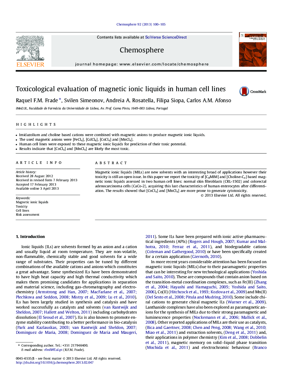 Toxicological evaluation of magnetic ionic liquids in human cell lines