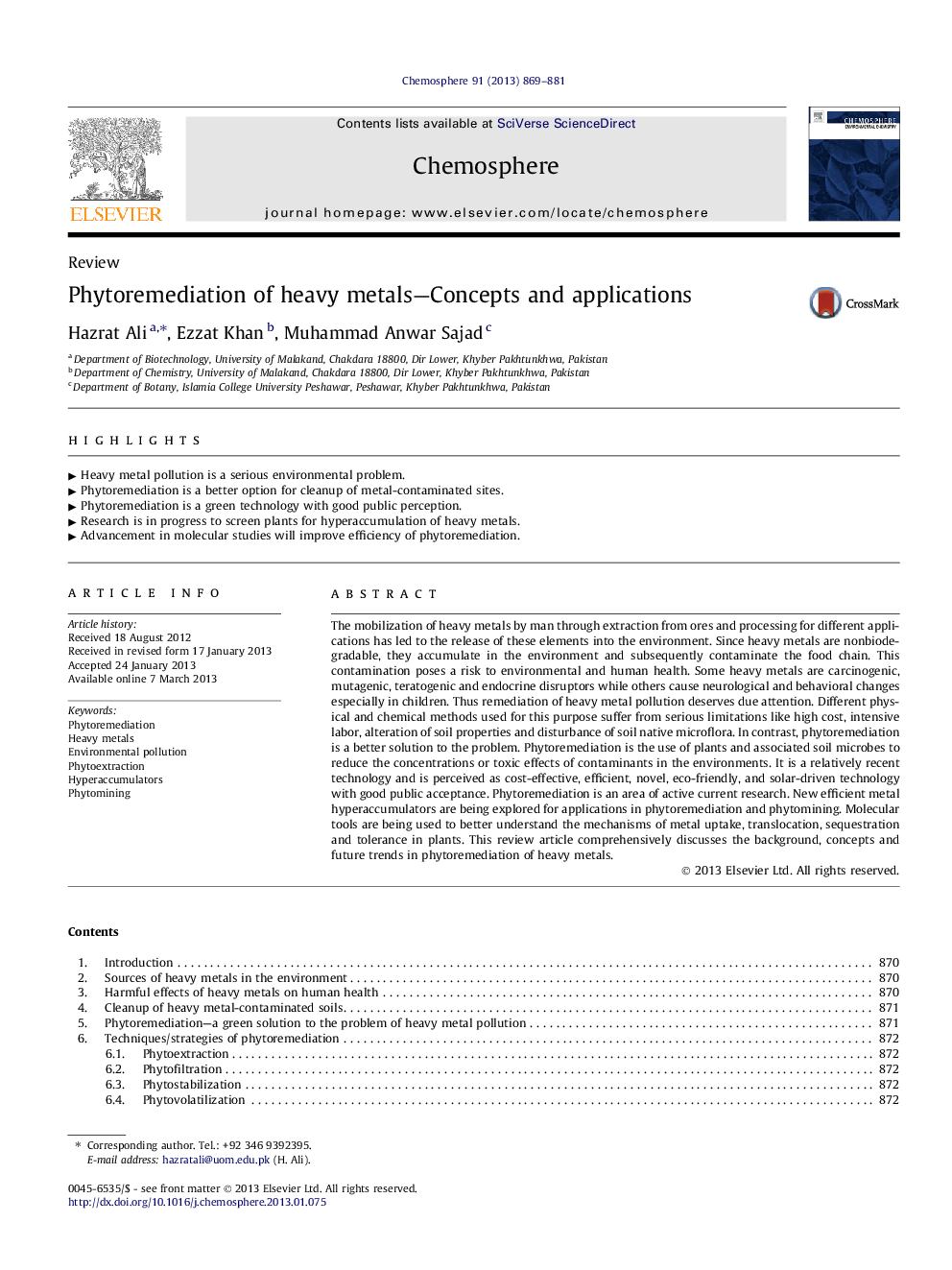 Phytoremediation of heavy metals—Concepts and applications