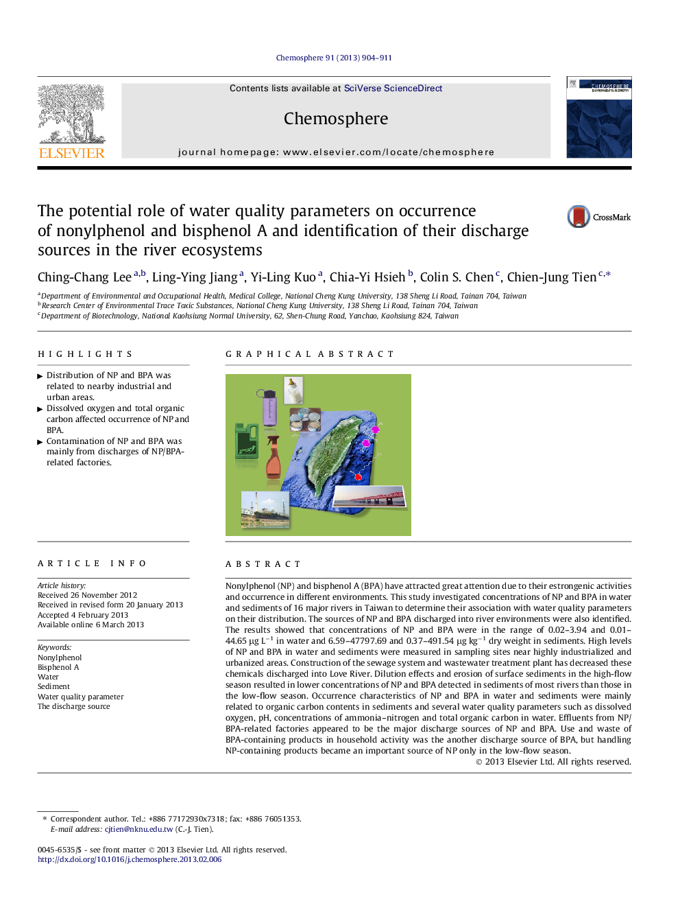 The potential role of water quality parameters on occurrence of nonylphenol and bisphenol A and identification of their discharge sources in the river ecosystems