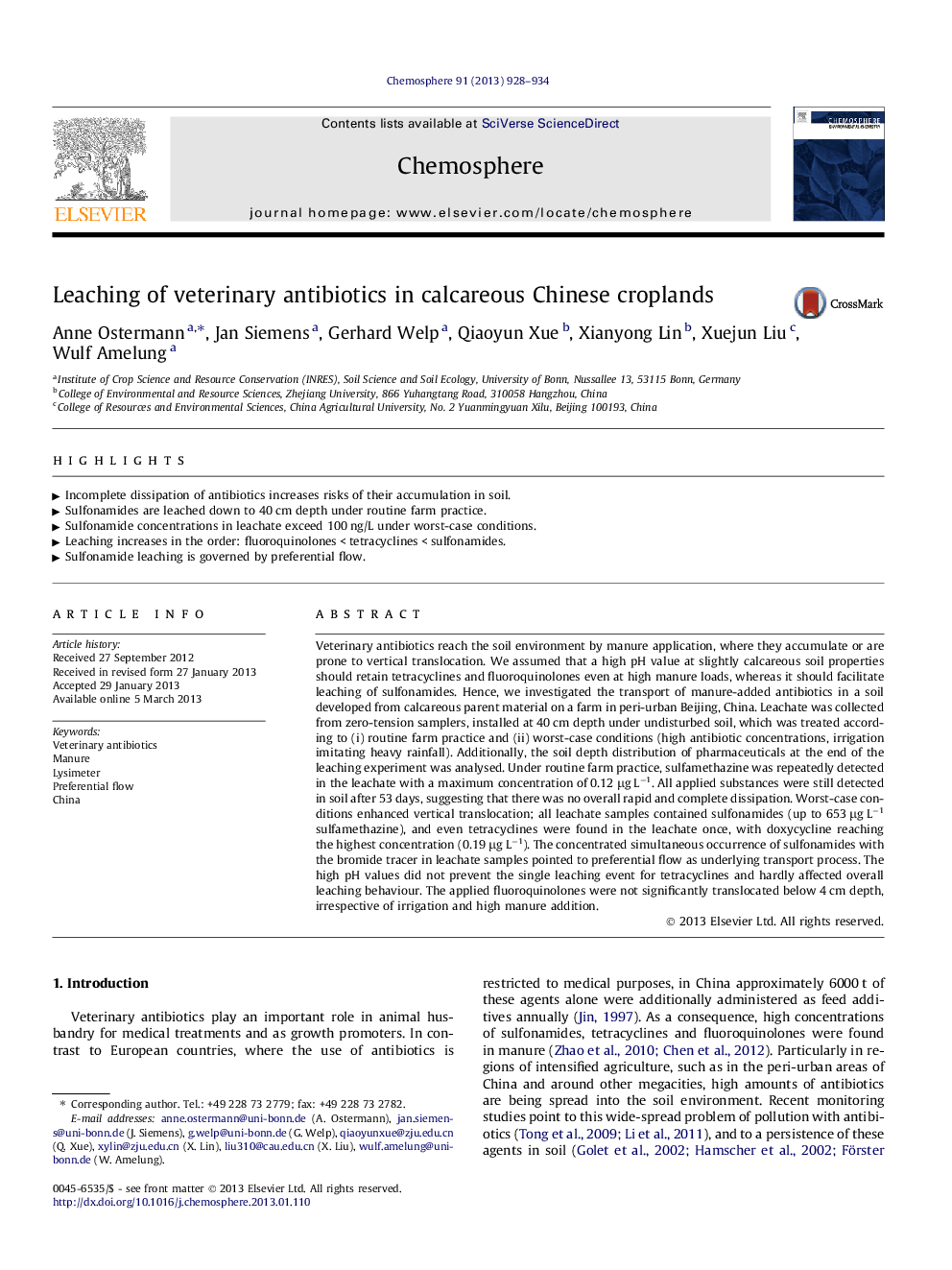 Leaching of veterinary antibiotics in calcareous Chinese croplands