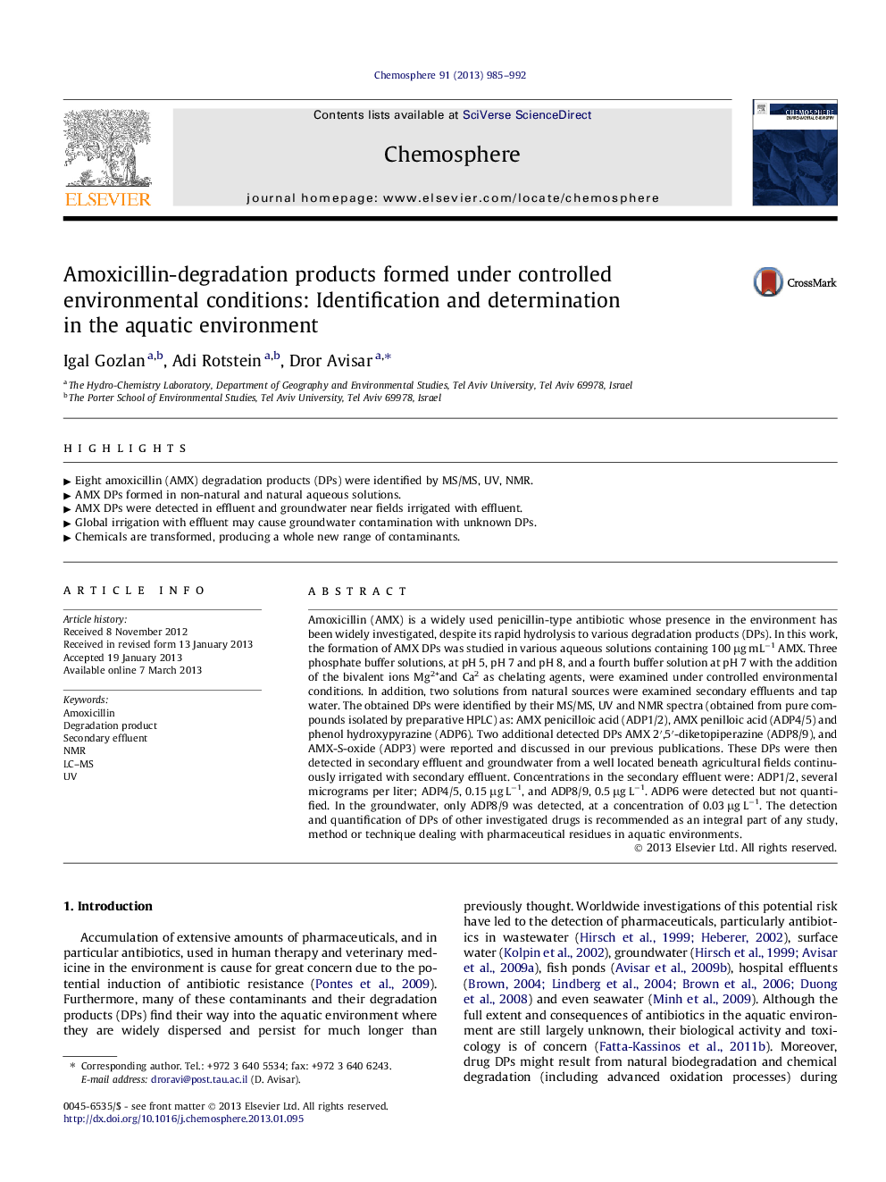 Amoxicillin-degradation products formed under controlled environmental conditions: Identification and determination in the aquatic environment